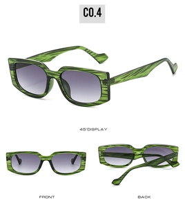 Square tiger-patterned green sunglasses shown from front, back, and side angles