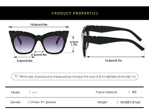 Detailed size chart of square frame sunglasses with PC frame material and weight specs