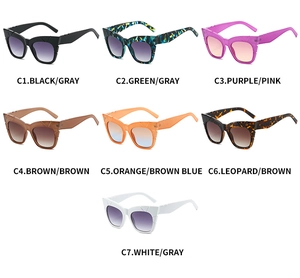 Collection of square frame sunglasses with wide temples in seven various vibrant color ways