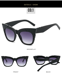 Detailed views of square cat-eye sunglasses with textured black frames and purple lenses