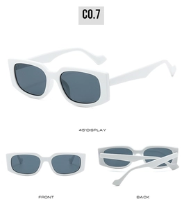 Detailed views of white square sunglasses with deep gray lenses and wavy temples