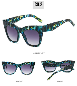 Three-angle view of tortoiseshell cat-eye sunglasses with purple gradient lenses