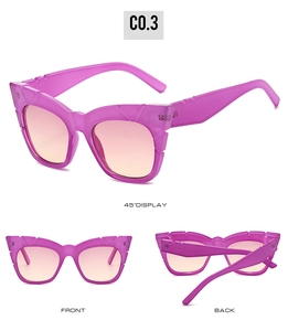 Three-view display of purple cat-eye sunglasses with wide temples and gradient lenses