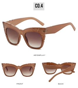 Detailed views of translucent brown square sunglasses with wide temples and UV lenses