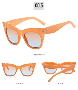 Detailed views of orange square sunglasses with gradient lenses and wide temples