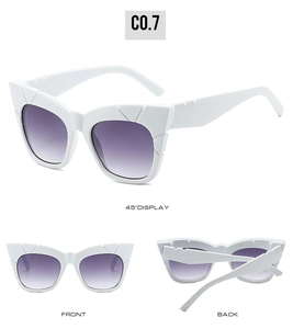 Three-angle display of white square sunglasses with purple gradient lenses and wide temples