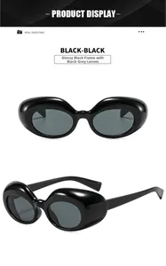Vue détaillée des lunettes de soleil ovales noir brillant avec monture épaisse et verres gris