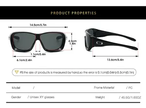 Detailed size chart for oversized sports sunglasses with frame dimensions and PC material