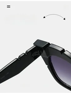 Detail shot of durable reinforced hinge and internal specifications on square sunglasses