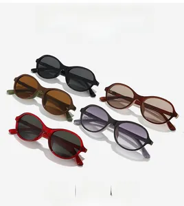 Five assorted colors of oval-framed sunglasses displayed on a white background