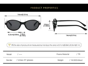 Detailed size chart for oval frame sunglasses with dimensions in centimeters and inches