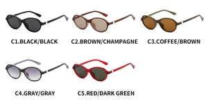 Detailed view of oval frame sunglasses in five assorted frame and lens color options