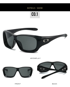 Detailed views of black oversized sports sunglasses showing front, 45-degree and folded angles