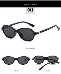 Three-way view of oval black sunglasses with deep grey lenses showing front and back details