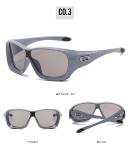 Detail views showing the 45-degree angle, front and back of wrap-around sports sunglasses