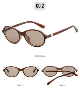 Three-angle view of oval dark brown tortoiseshell sunglasses with silver accents