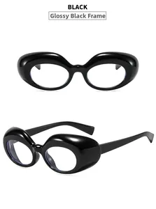 Gros plan de lunettes de soleil ovales épaisses en noir brillant, vues de face et de profil