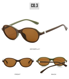 Three angles of retro oval sunglasses in brown and olive green with silver metal accents