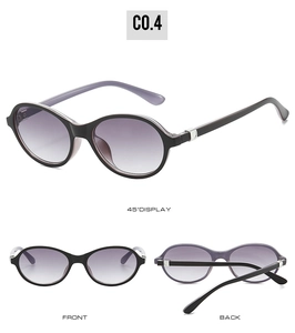 Detailed views of oval frame sunglasses with gradient lenses and silver metal hinges