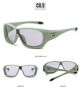 Three-view display of green sports sunglasses with purple lenses and metal hinge detail
