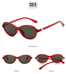 Detailed views of red oval sunglasses with grey lenses and silver metal temple accents