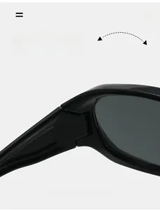 Detail view of durable hinges on oversized black sports sunglasses with flexible temples