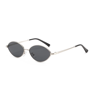 Modern oval silver metal sunglasses with dark lenses and minimalist retro frame style