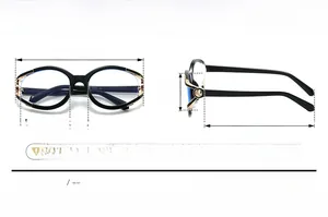 Detailliertes Diagramm der Cateye-Brille mit hohlen Metallakzenten und Abmessungen