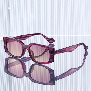 Square fashion sunglasses with purple marble texture frame and gradient lenses on mirror