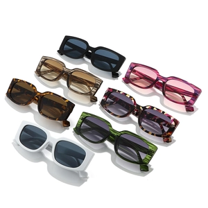 Modern rectangular sunglasses collection in seven colors on a clean white background