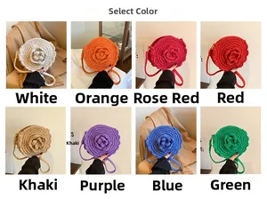 Detail view of handmade woven flower bags in eight vibrant colors with matching straps