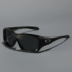 Sporty wraparound black sunglasses with oversized shield lens and silver temple detail