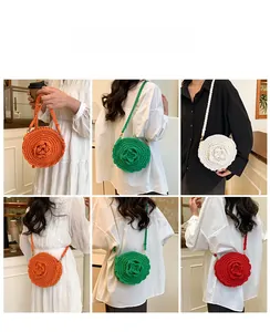 Detail showing various colors of handmade crochet round bags with 3D floral accents