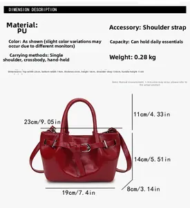 Size chart showing dimensions for the red PU leather handbag with drawstring detail