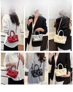 Collage of fashion drawstring handbags in red, silver, black and cream shown in multiple poses