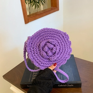 Handmade purple crochet circle bag with 3D rose flower and braided shoulder strap