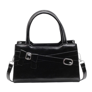 Elegant black tote bag for women with silver buckle bow detail and detachable strap