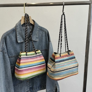 Colorful Rainbow Striped Woven Bucket Bag With Metal Chain Strap Beach Holiday Bohemian Shoulder Purse For Women