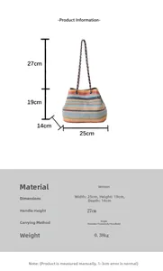 Detailed dimension chart showing size and handle height for the colorful woven handbag