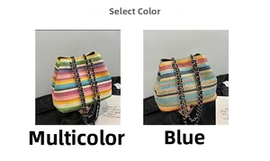 Detail of colorful woven chain bags in vibrant multi-color and blue patterns with leather straps