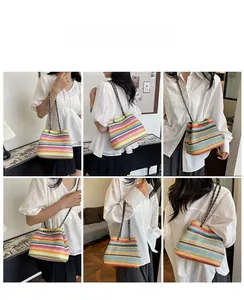 Multi-angle view of a colorful striped woven bag with chain strap on a female model