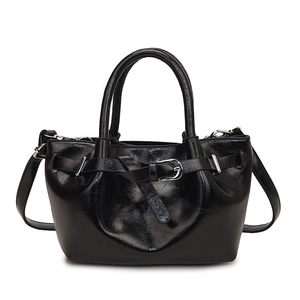 Modern black glossy handbag with drawstring, metal buckle belts and dual top handles