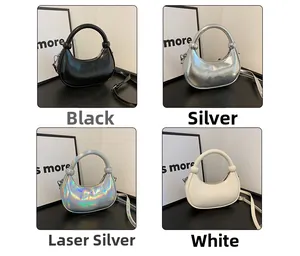 Detailed grid view of crescent handbags in black, silver, laser silver and white leather