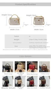 Size chart detail for quilted bucket bag showing dimensions for large and small models