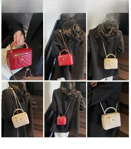 Detailed views of red and beige quilted bucket bags shown on a model from various angles