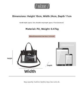 Size comparison chart for clear Kelly bag showing dimensions and capacity with iPad