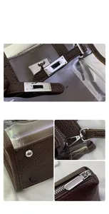 Detail view of transparent Kelly bag with brown lychee leather and silver hardware