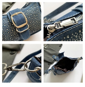 Vue détaillée du sac baguette en jean avec strass argentés et finitions métalliques