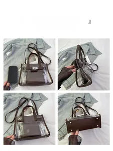 Detail shots of transparent PVC jelly handbag with leather trim and gold buckle closure