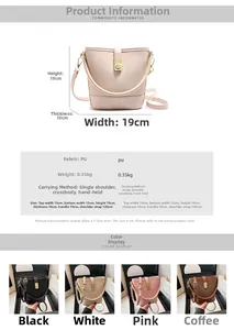 Detail view of stylish PU leather bucket bag showing size specs and color options